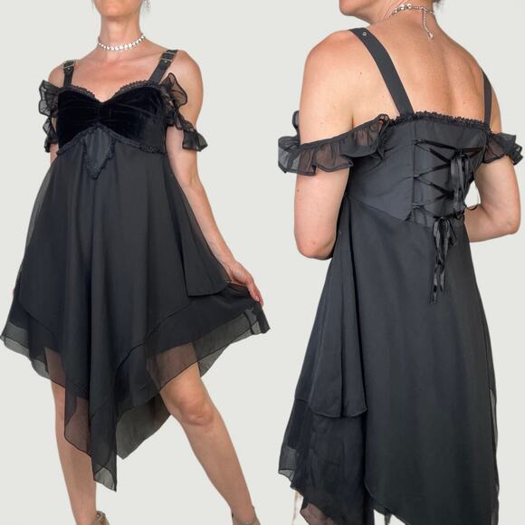 Funhouse gothic corset lace-up midi‎ dress ruffle buckle sleeve whimsigoth goth - Picture 1 of 15